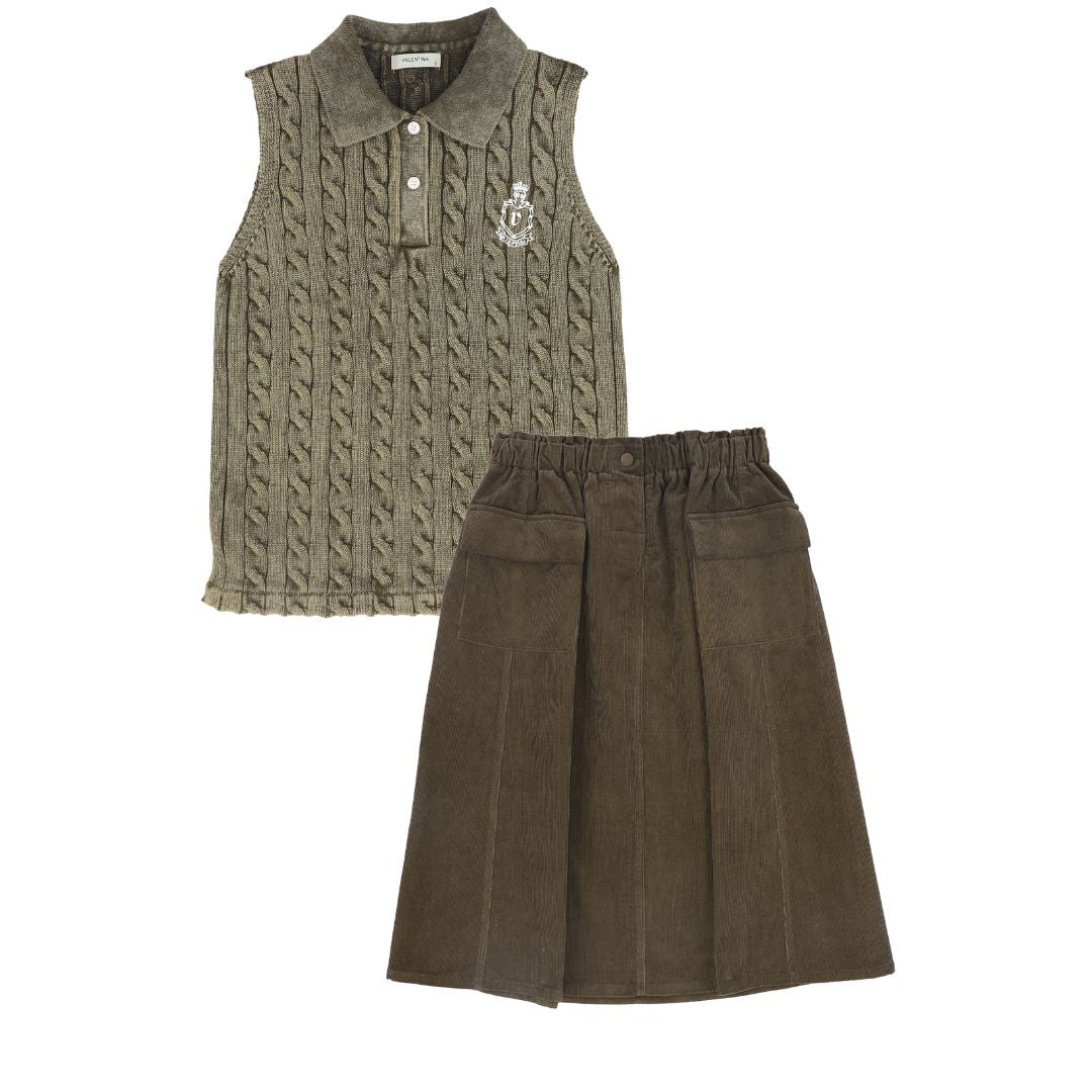 VALENTINA OLIVE CABLE-KNIT CROP VEST SET