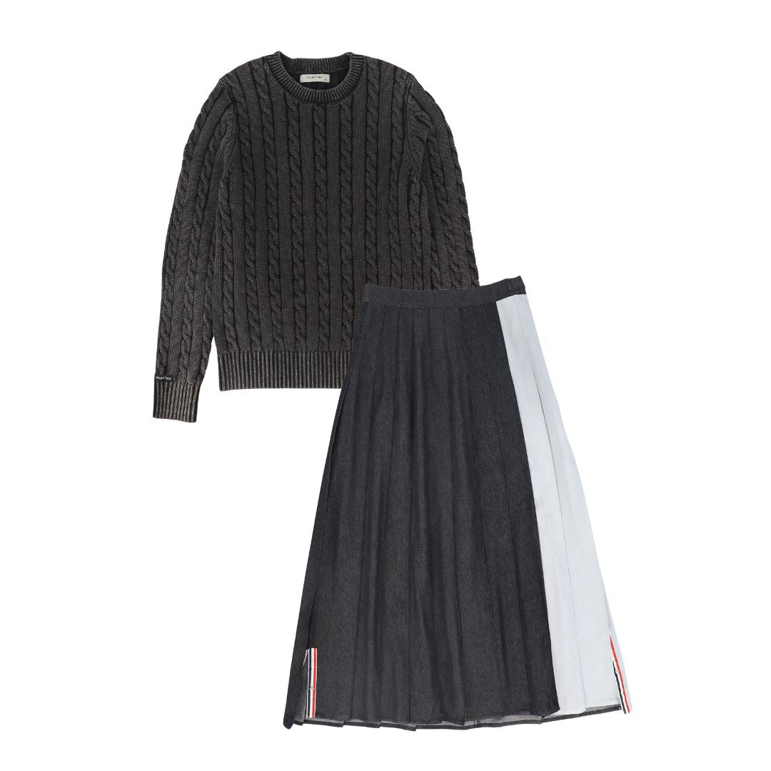 VALENTINA BLACK MIX DENIM PLEATED SKIRT SET