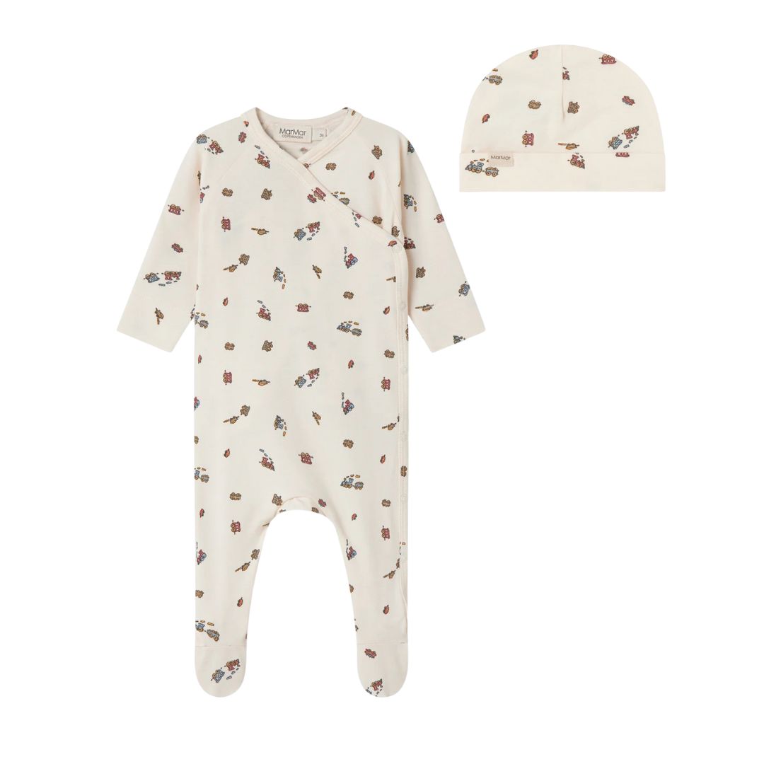 MARMAR COPENHAGEN ECRU TRAIN PRINT FOOTIE + BEANIE