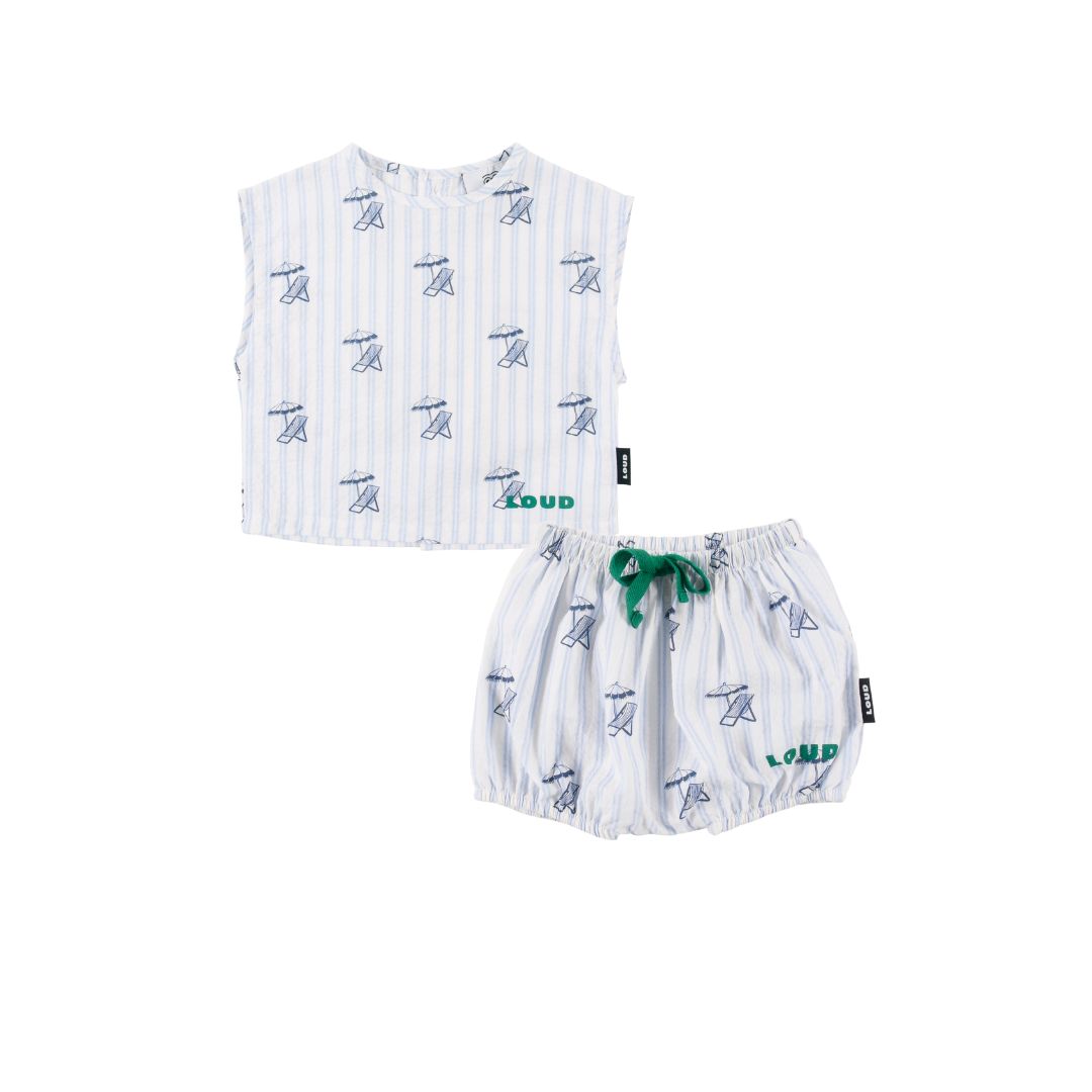 LOUD LIGHT BLUE SEERSUCKER LOGO PRINT BLOOMER SET