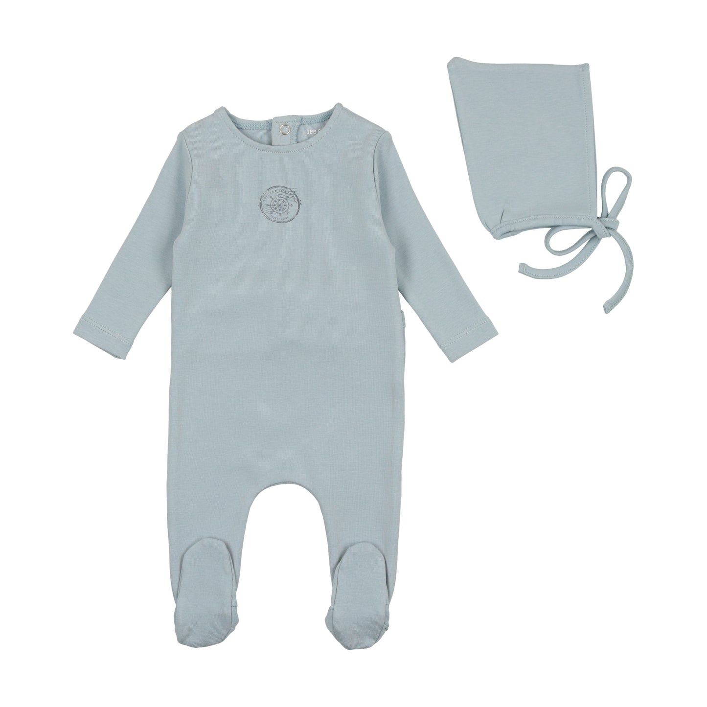 BEE & DEE BLUE FOG COTTON SMALL PRINT FOOTIE WITH BONNET