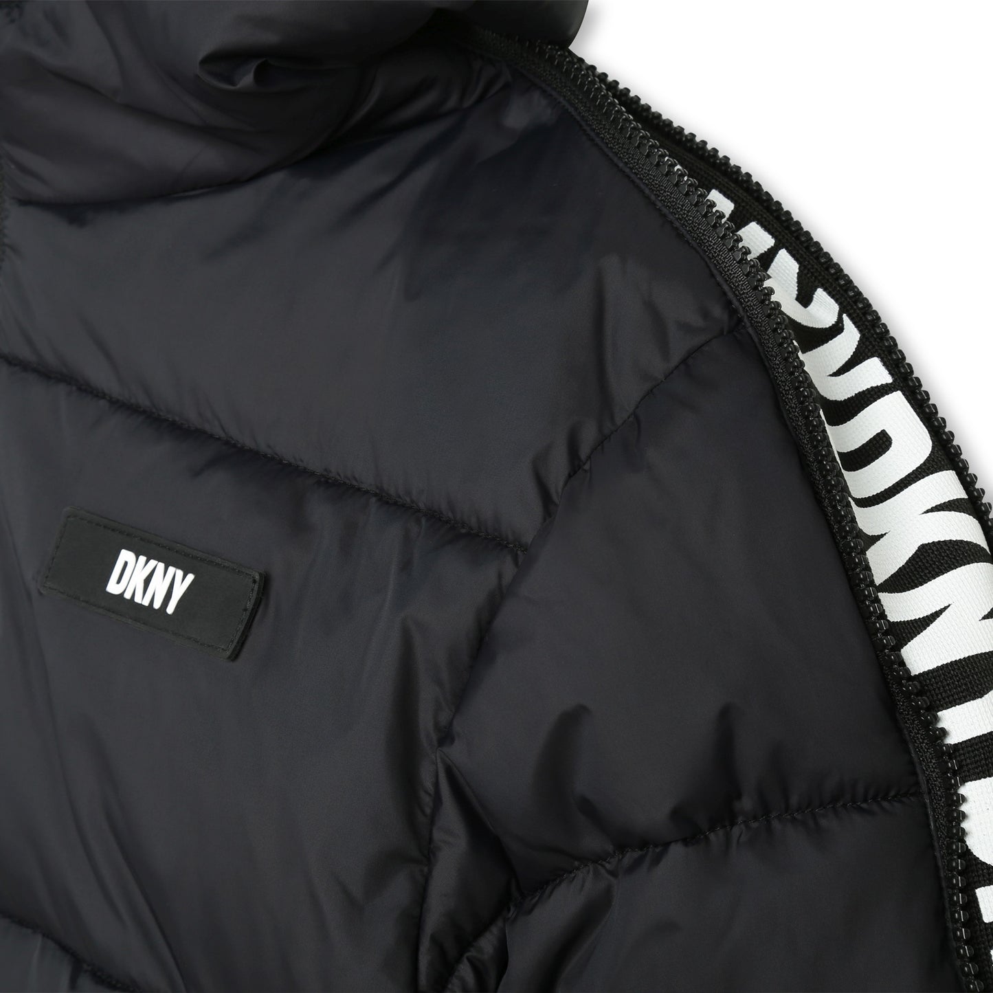 DKNY BLACK ARM LENGTH LOGO PUFFER COAT