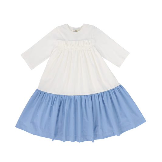 THE MIDDLE DAUGHTER WHITE/BLUE RUFFLE TRIM DRESS [FINAL SALE]
