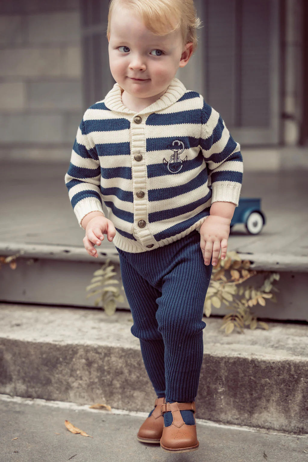 COCO BLANC NAVY/CREAM SHAWL COLLAR SWEATER
