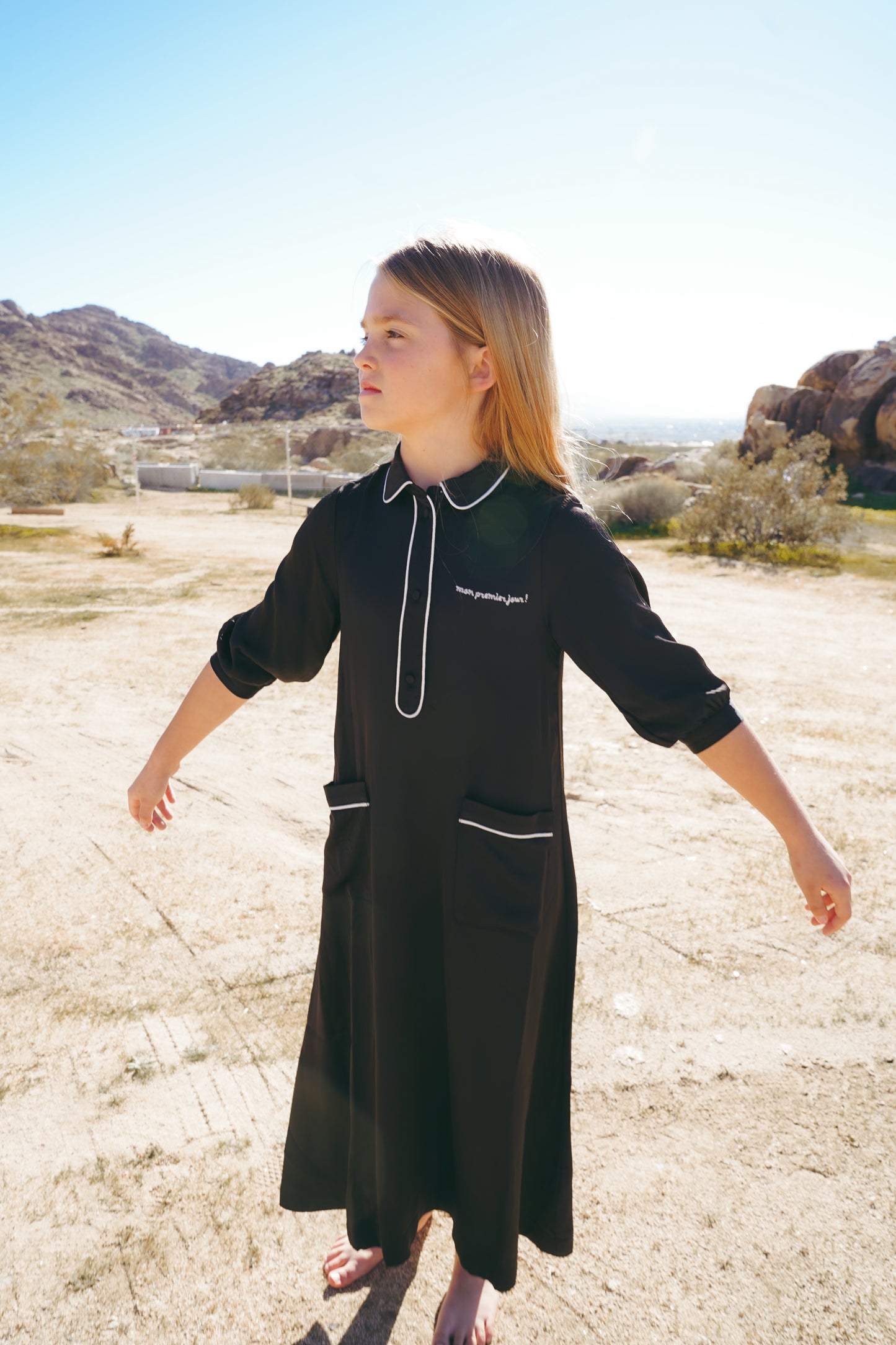 COCO BLANC BLACK SILK PIPED TRIM SHIRT DRESS