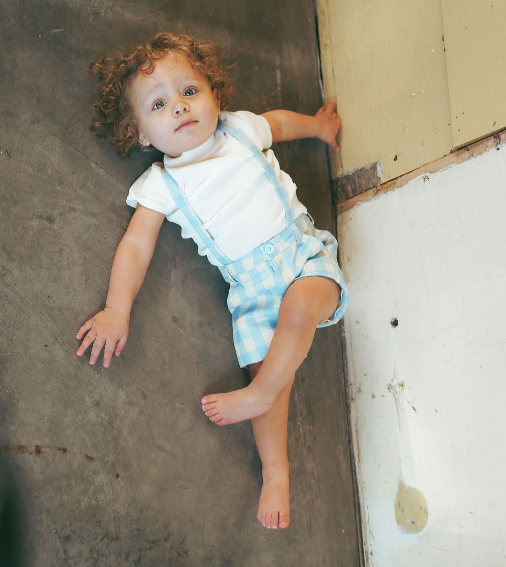 LE BOURDON LIGHT BLUE CHECKED SUSPENDER SHORTS
