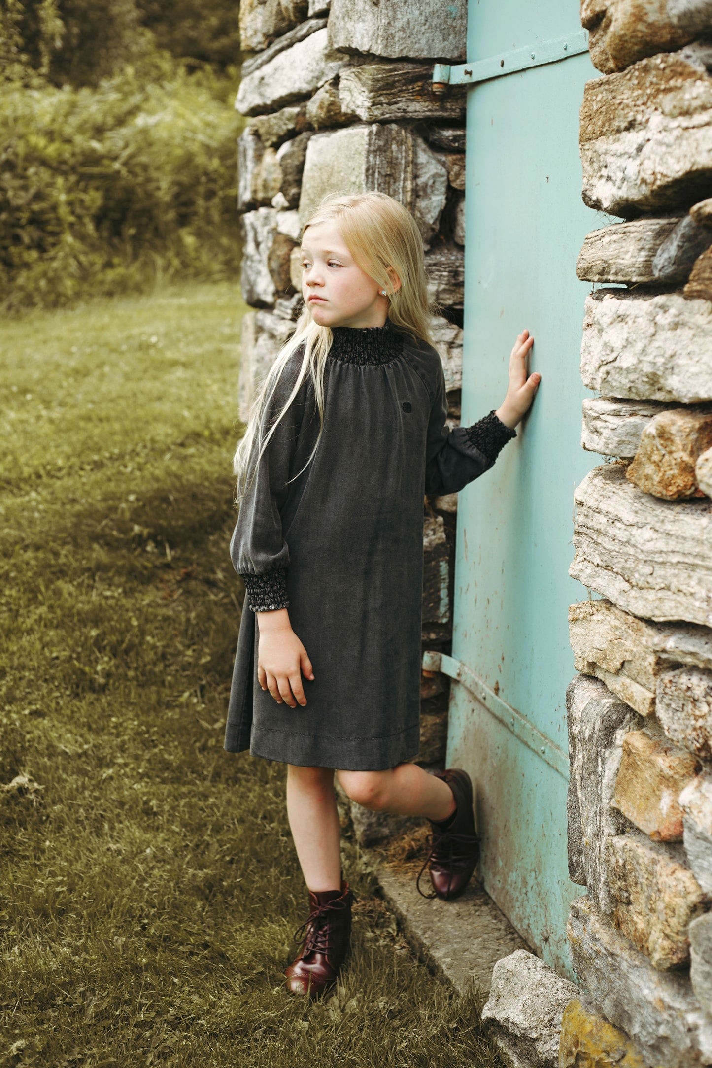 BAMBOO BLACK DENIM SMOCKED NECK DRESS