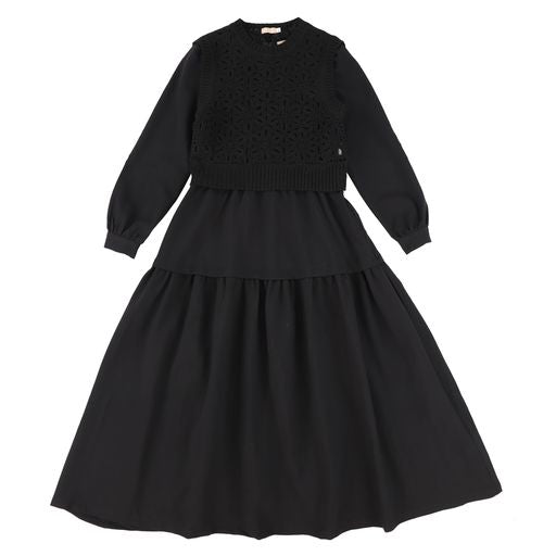 PRAIRIE BLACK KNIT OVERLAY TIERED DRESS
