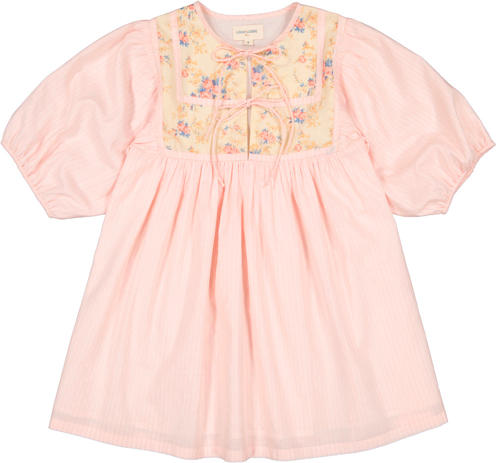 LOUIS LOUISE PEACH/PINK FLORAL BIB PUFF SLEEVE DRESS