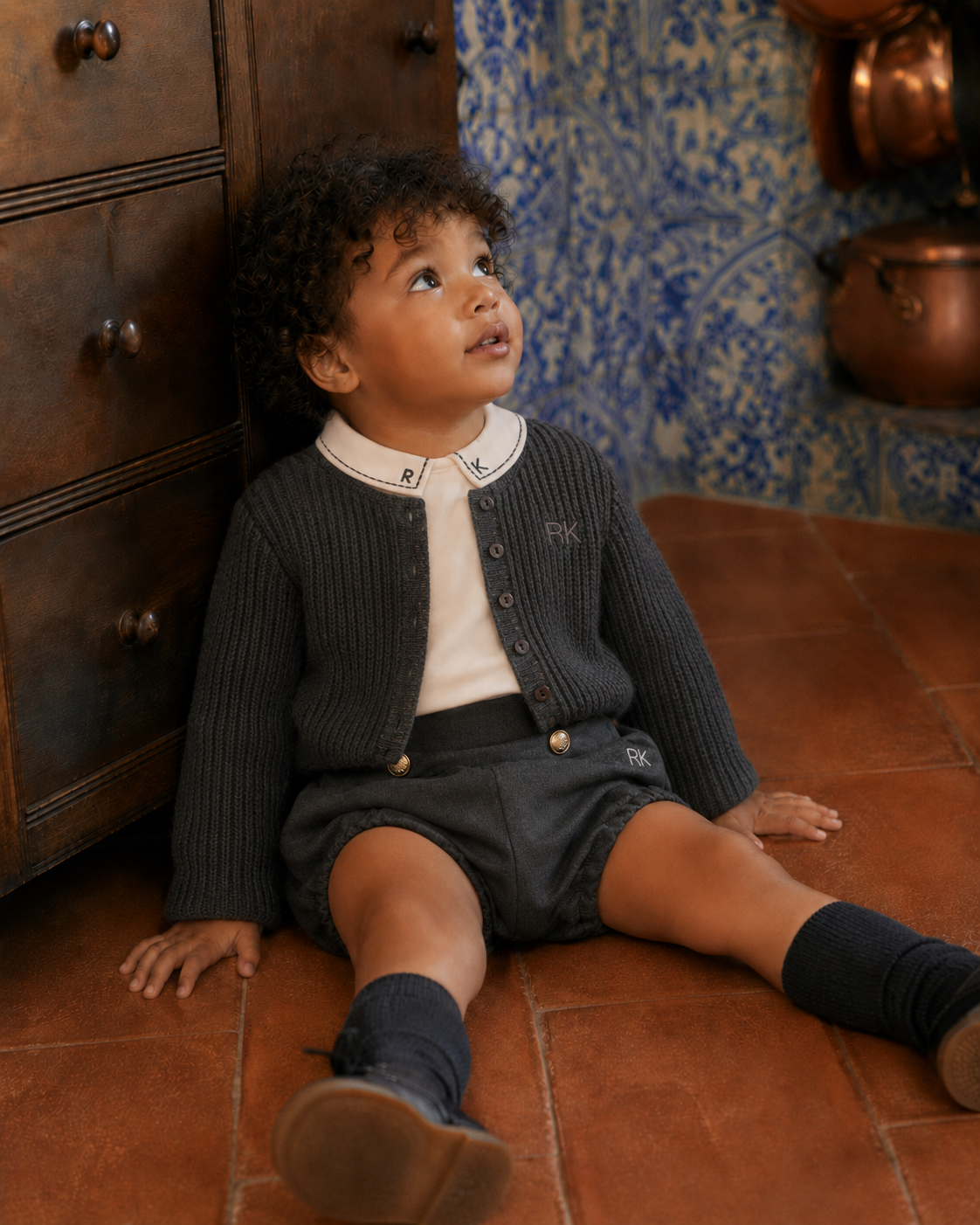 RETRO KID CHARCOAL/CREAM BUTTON DOWN SET