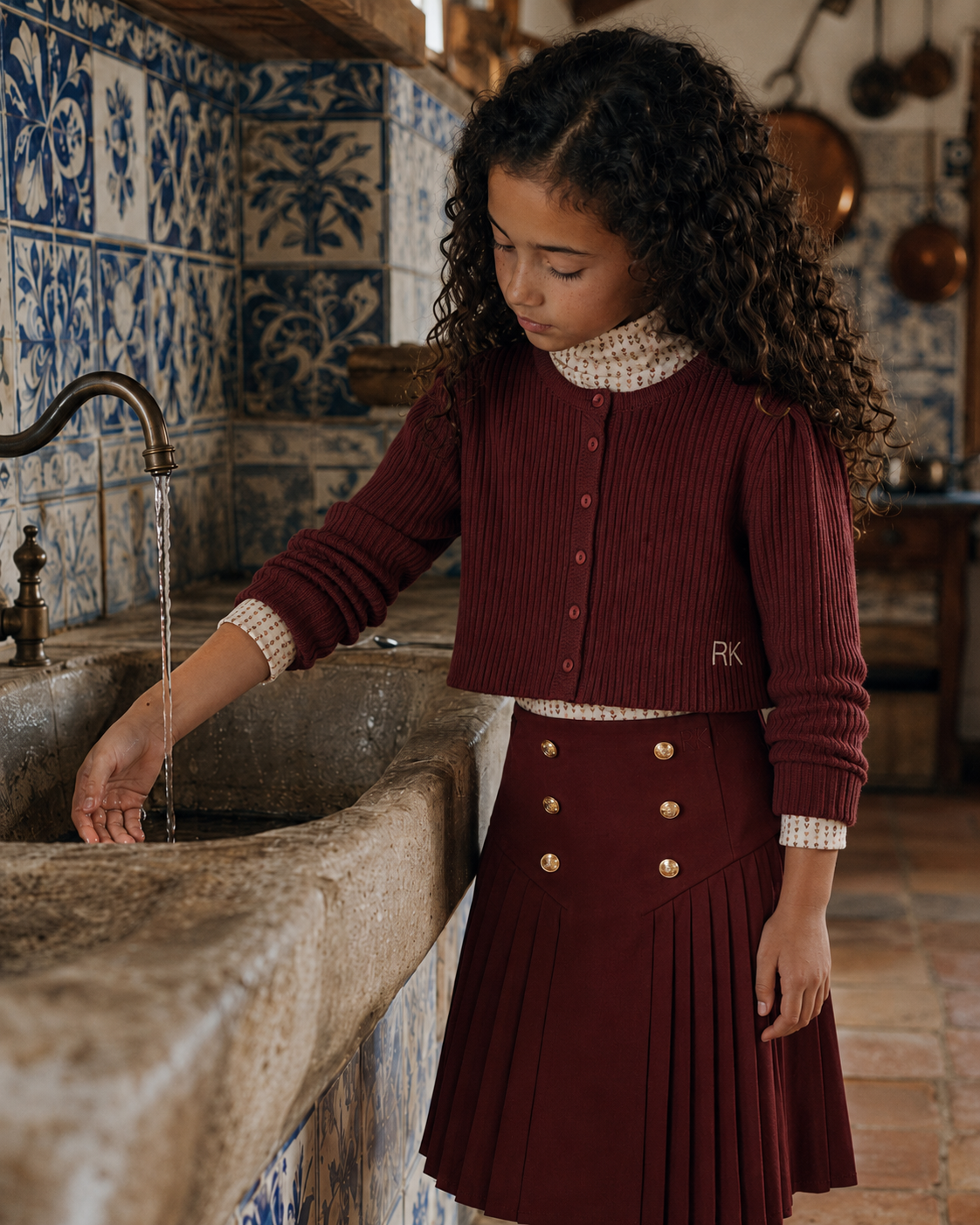 RETRO KID BURGUNDY BUTTON PLEATED SKIRT