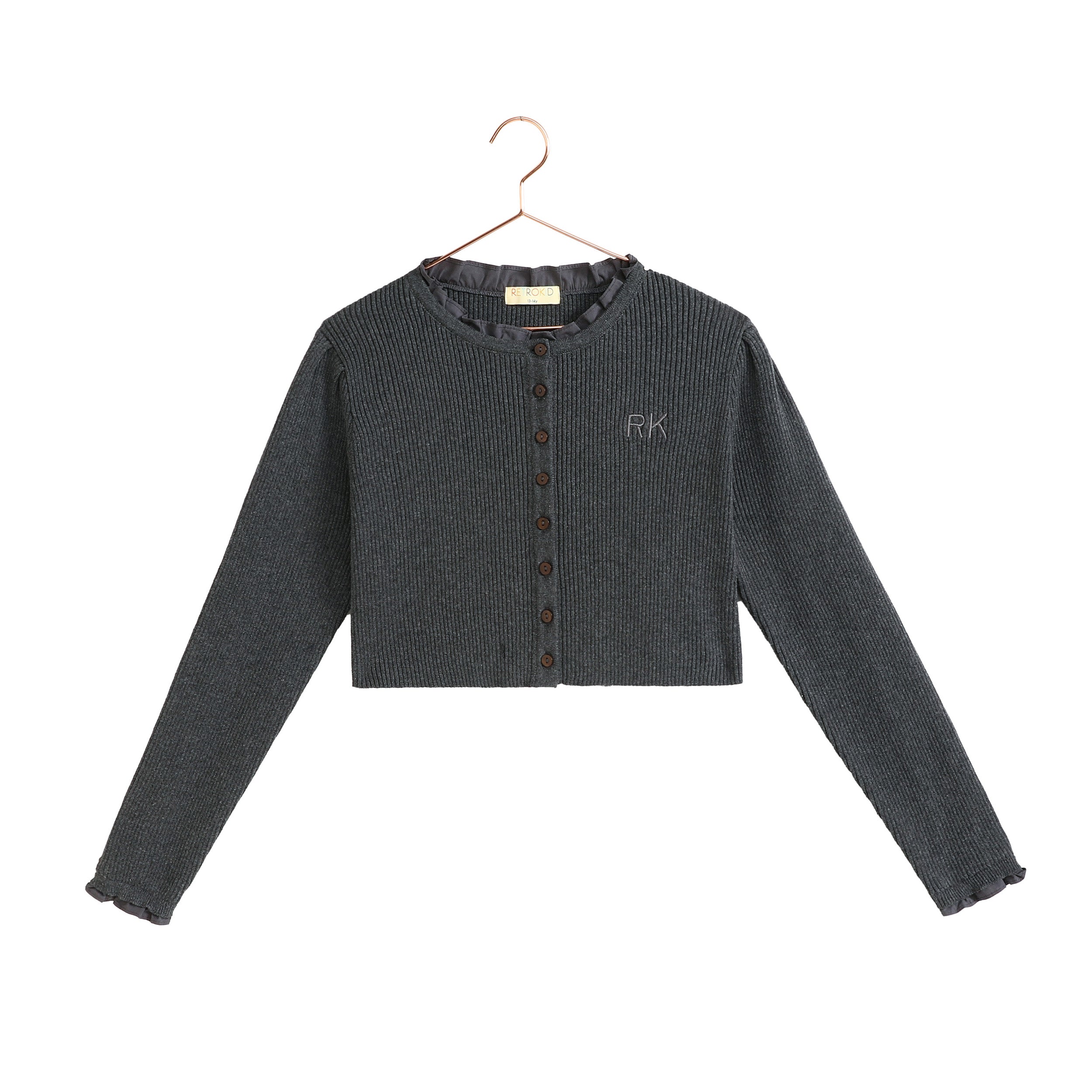 RETRO KID CHARCOAL KNIT RUFFLE TRIM CROP CARDIGAN – Luibelle