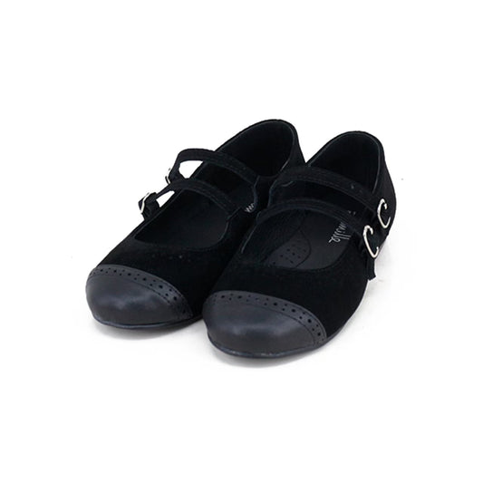 CAMILLE KIDS BLACK SUEDE DOUBLE BUCKLE SHOE