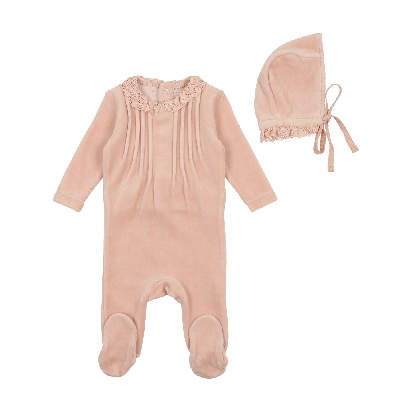 BEE & DEE ROSE EYELET COLLAR VELOUR FOOTIE WITH BONNET