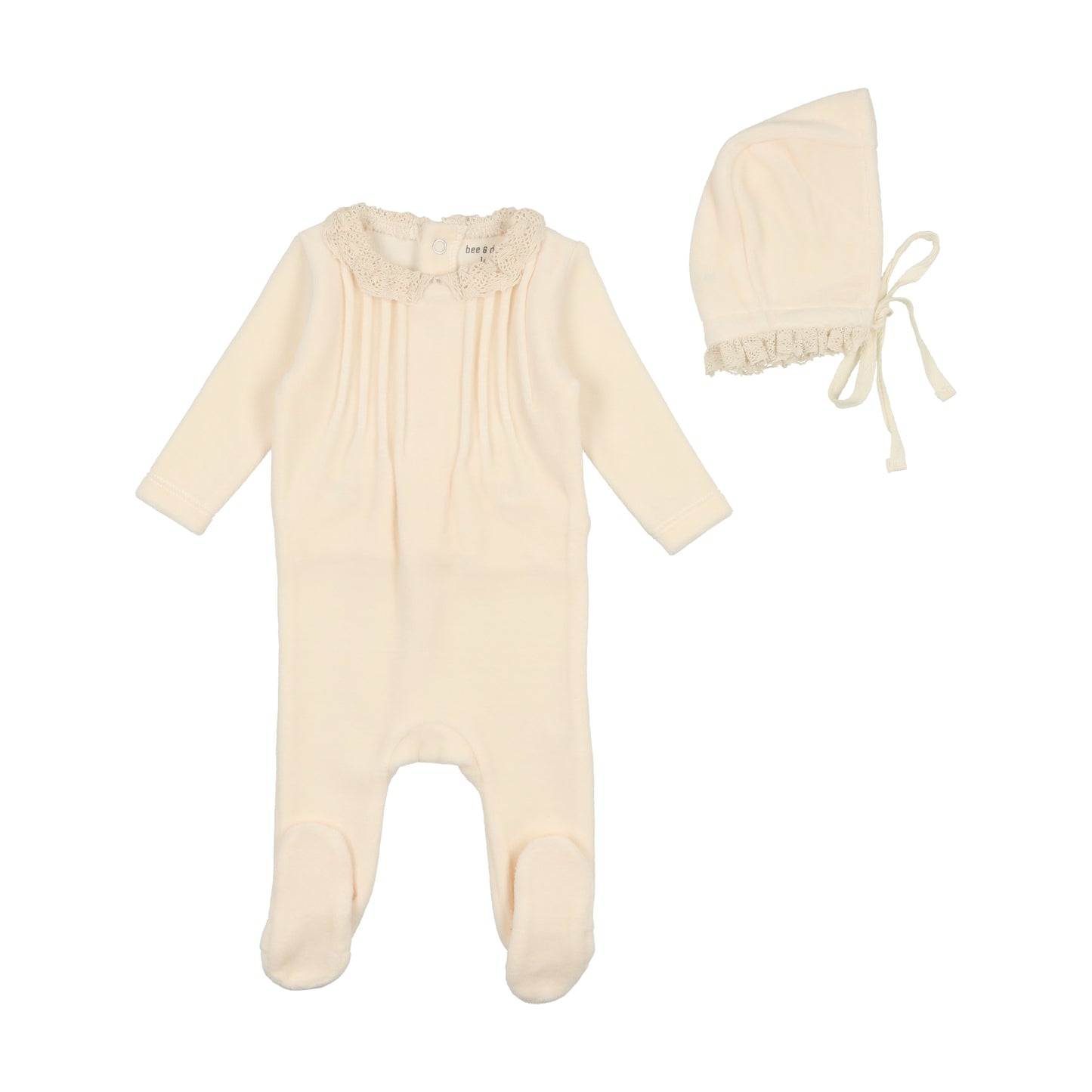 BEE & DEE SNOW WHITE EYELET COLLAR VELOUR FOOTIE WITH BONNET