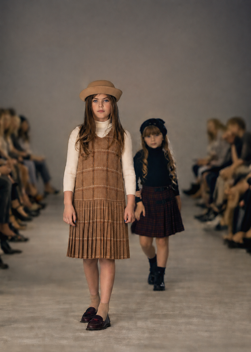 MODE AVANT CAMEL PLAID DROP WAIST PLEATED WOOL JUMPER