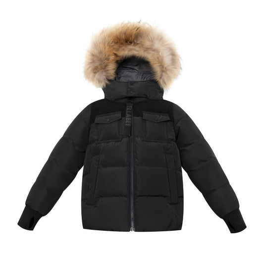 ELLABEE BLACK/NATURAL CORDUROY FUR TRIM COAT