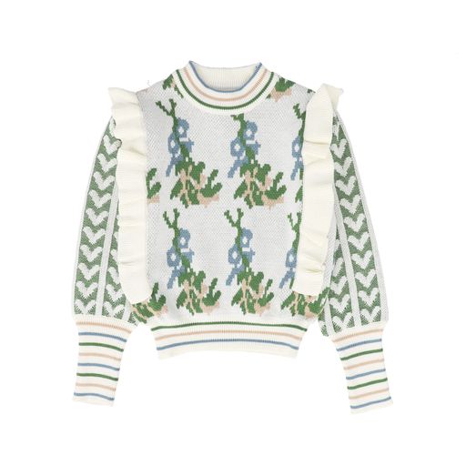 LILOU MULTI COLOR DESIGN RUFFLE TRIM SWEATER