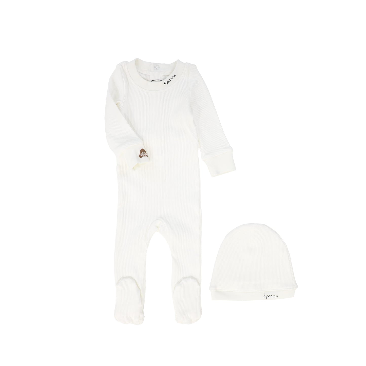 LITTLE PARNI IVORY RIBBED DOLL FOOTIE + BEANIE