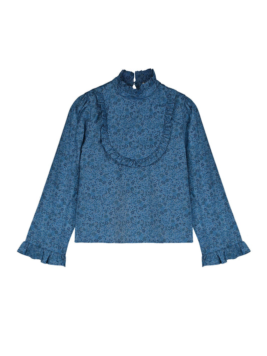 TANGERINE BLUE FLORAL RUFFLE TRIM BLOUSE