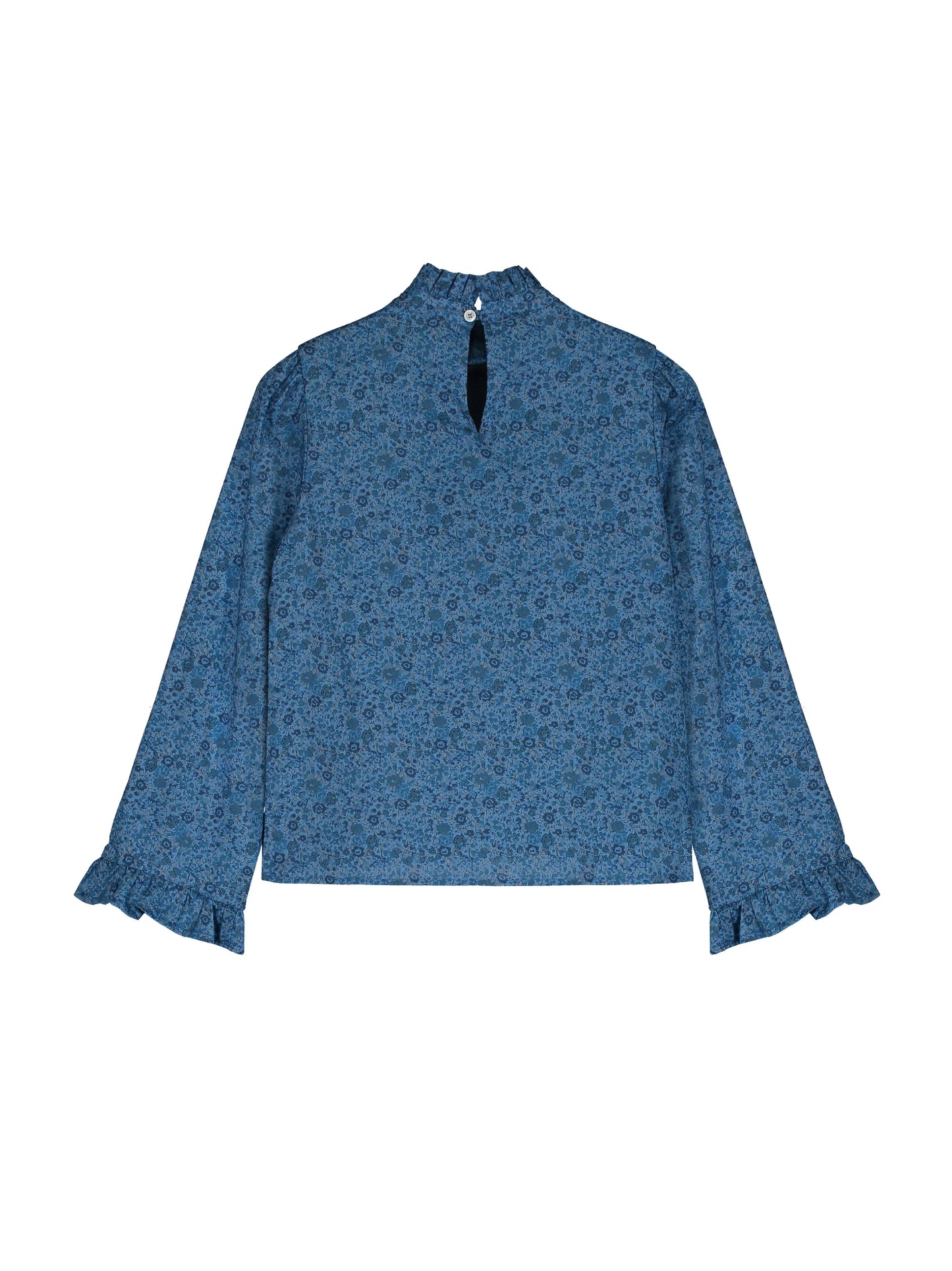 TANGERINE BLUE FLORAL RUFFLE TRIM BLOUSE