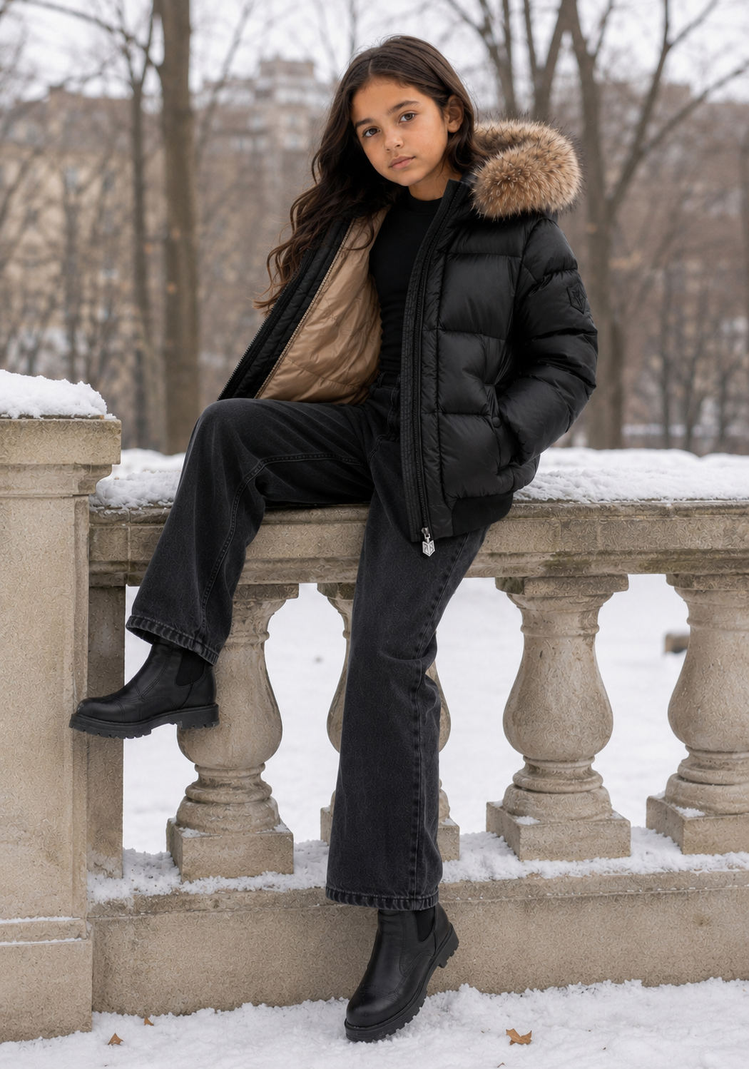 SCOTCH BONNET BLACK/NATURAL FUR TRIM PUFFER COAT