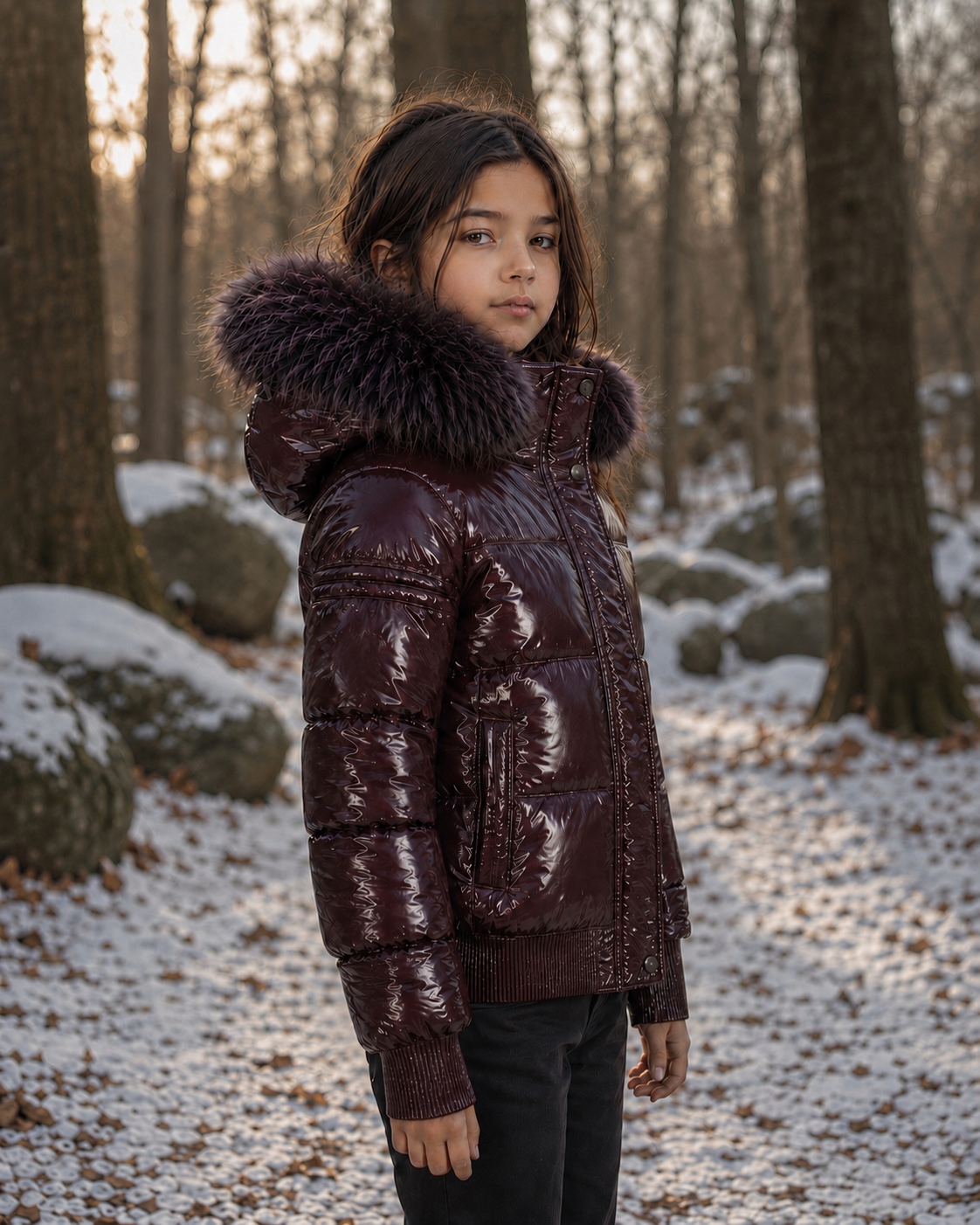 SCOTCH BONNET PLUM FUR TRIM GLOSS PUFFER COAT