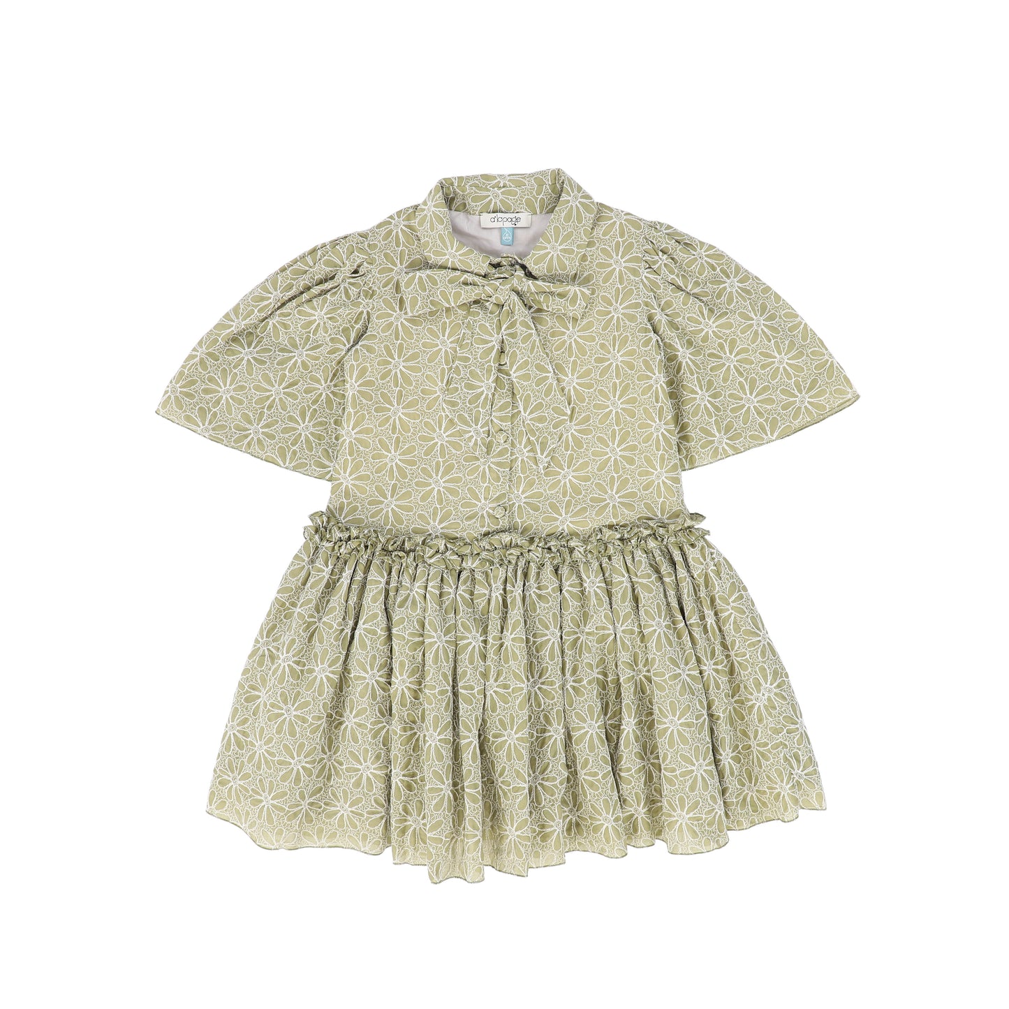 ALAPAGE OLIVE GREEN FLORAL EMBROIDERED TIE DRESS