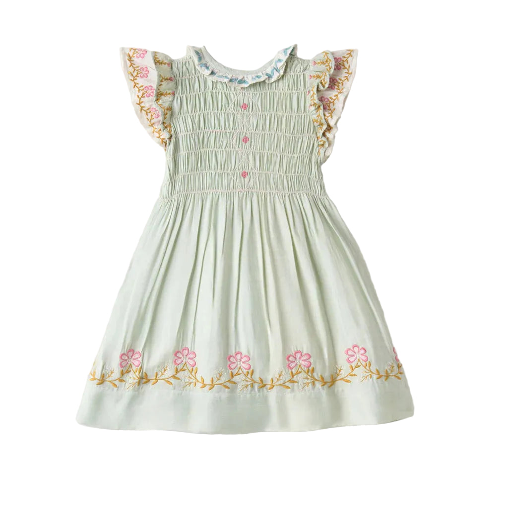 LALI KIDS PALE GREEN EMBROIDERED SMOCK DRESS