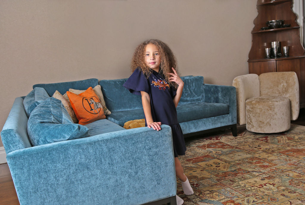 BOPOP NAVY HORSE EMBROIDERED DRESS