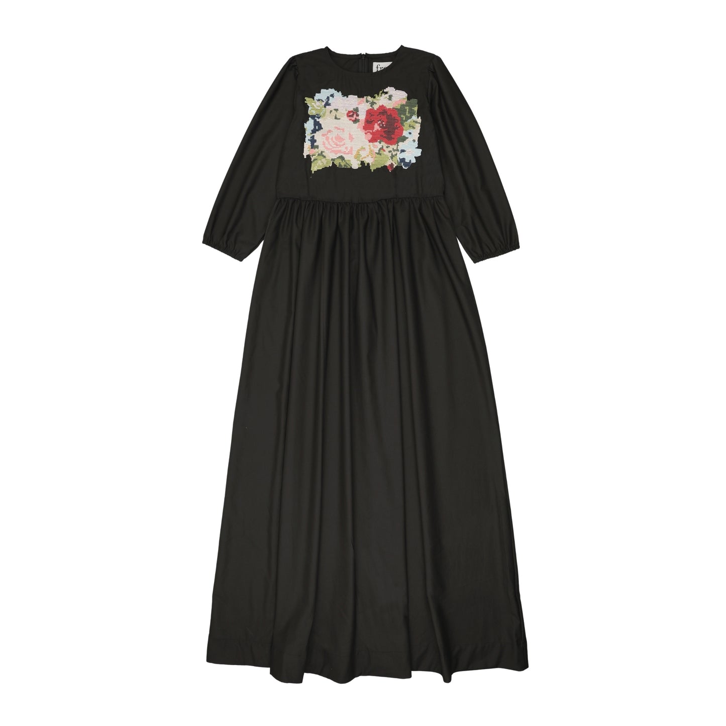 FROO STYLE BLACK EMBROIDERED FLORAL PATCH MAXI DRESS