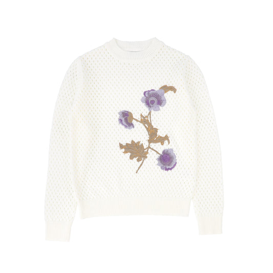 VALENTINA IVORY POINTELLE FLOWER EMBROIDERED SWEATER
