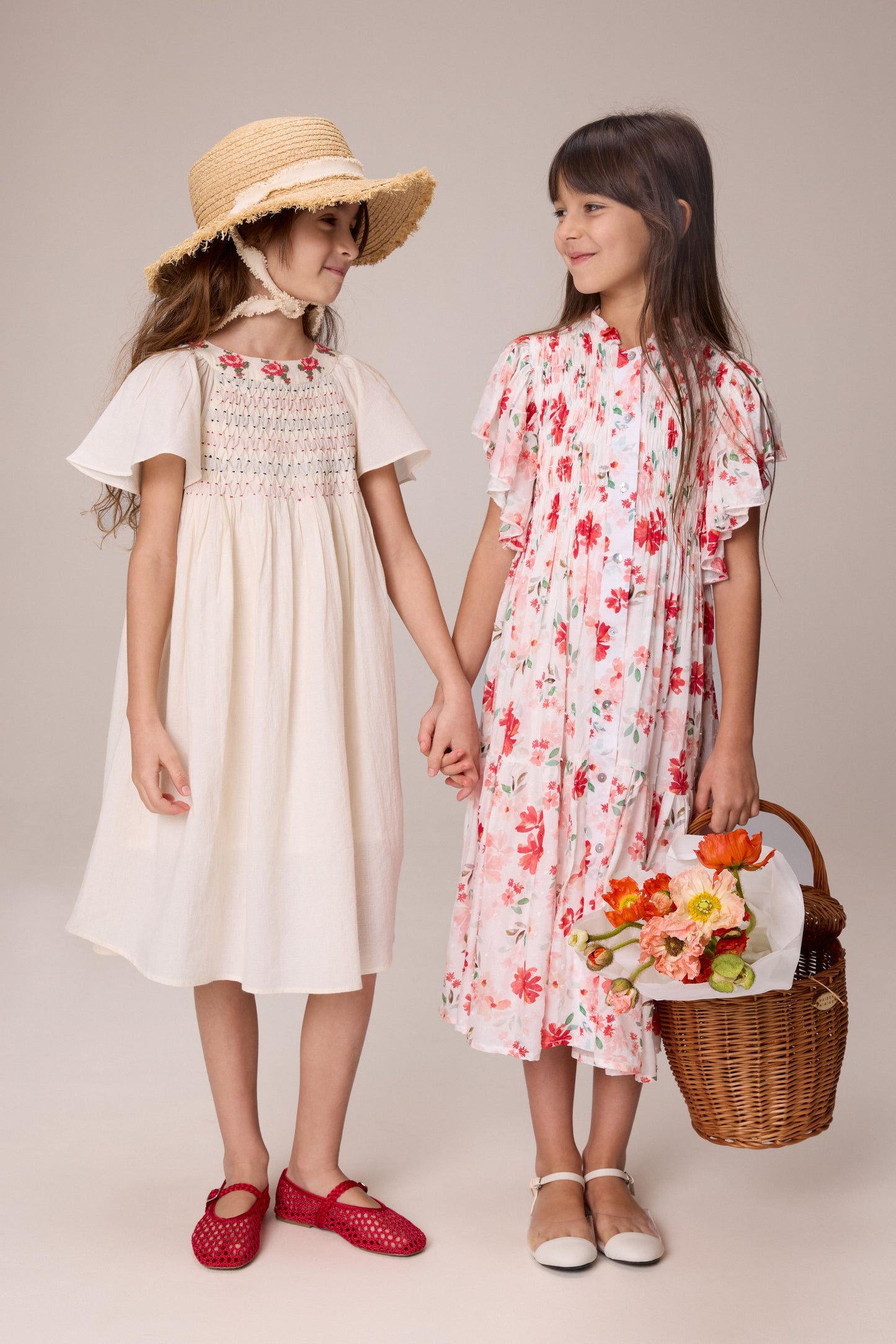 PERNILLE IVORY/RED FLORAL SMOCK FLUTTER SLEEVE DRESS