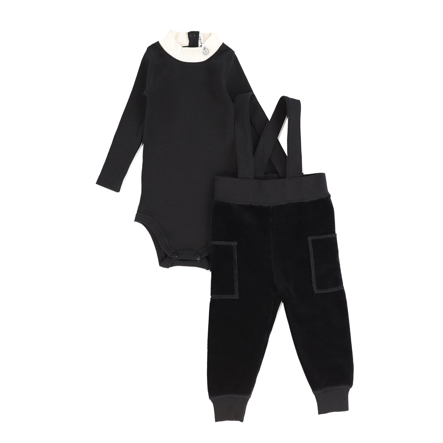 LITTLE PARNI BLACK SUSPENDER PANT SET