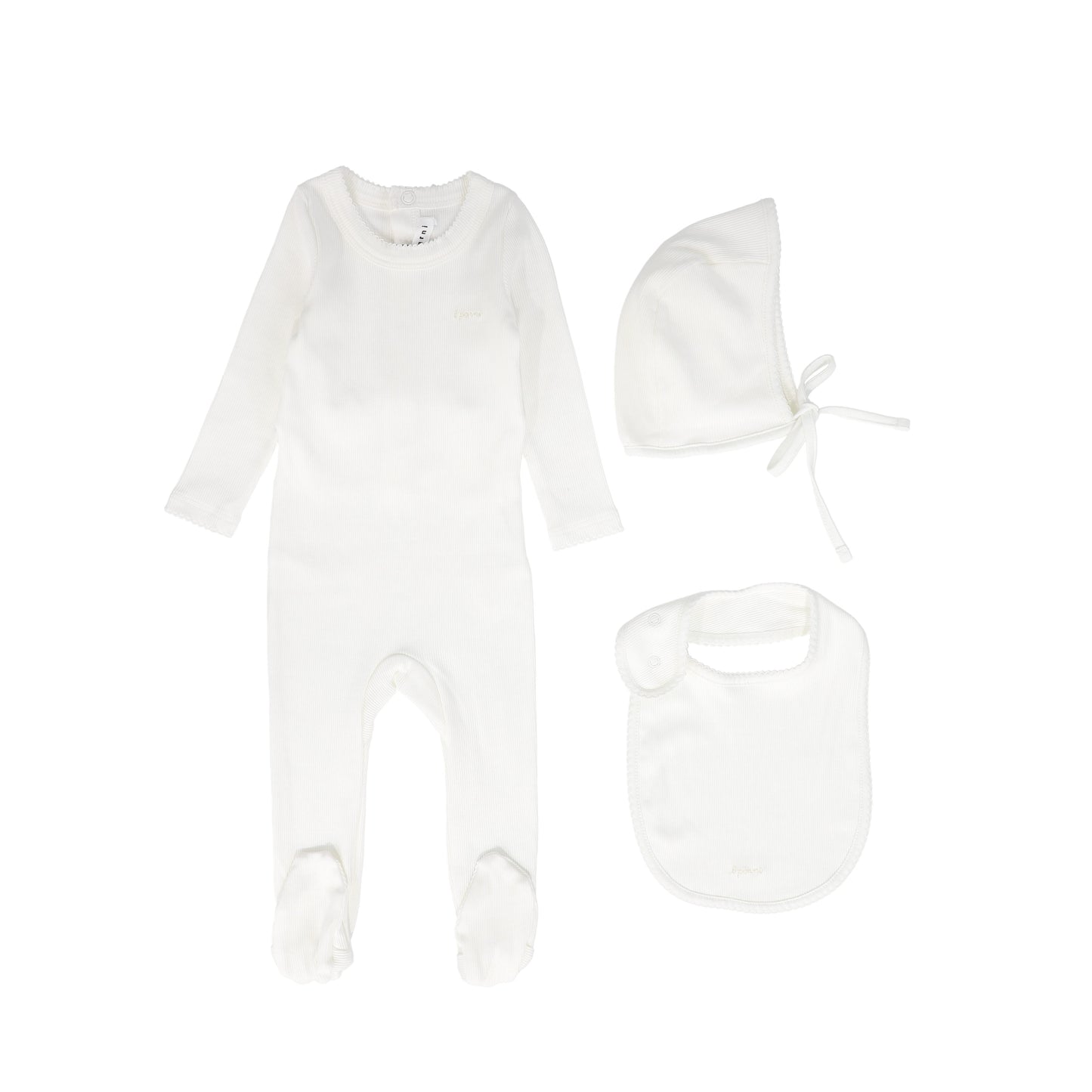 LITTLE PARNI IVORY RIBBED FOOTIE + BIB SET