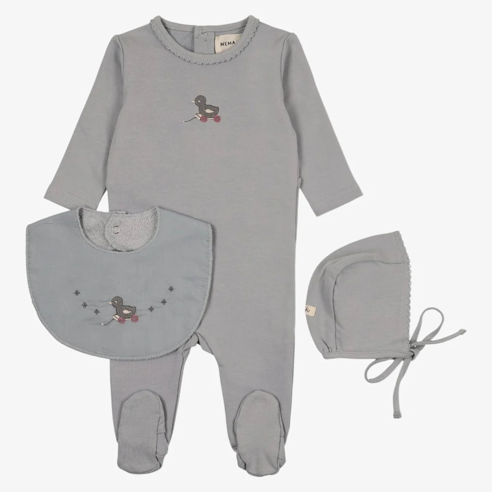 MEMA KNITS BLUE/SLATE DUCK EMBROIDERED FOOTIE + BONNET