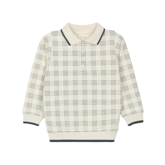 ELY'S & CO IVORY/BLUE FLORAL PLAID POLO SWEATSHIRT