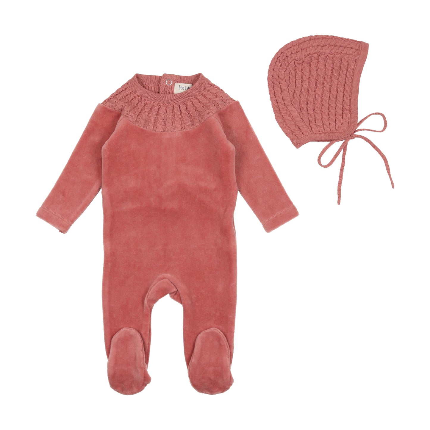 BEE & DEE CLAY PINK KNIT COLLAR VELOUR FOOTIE WITH BONNET