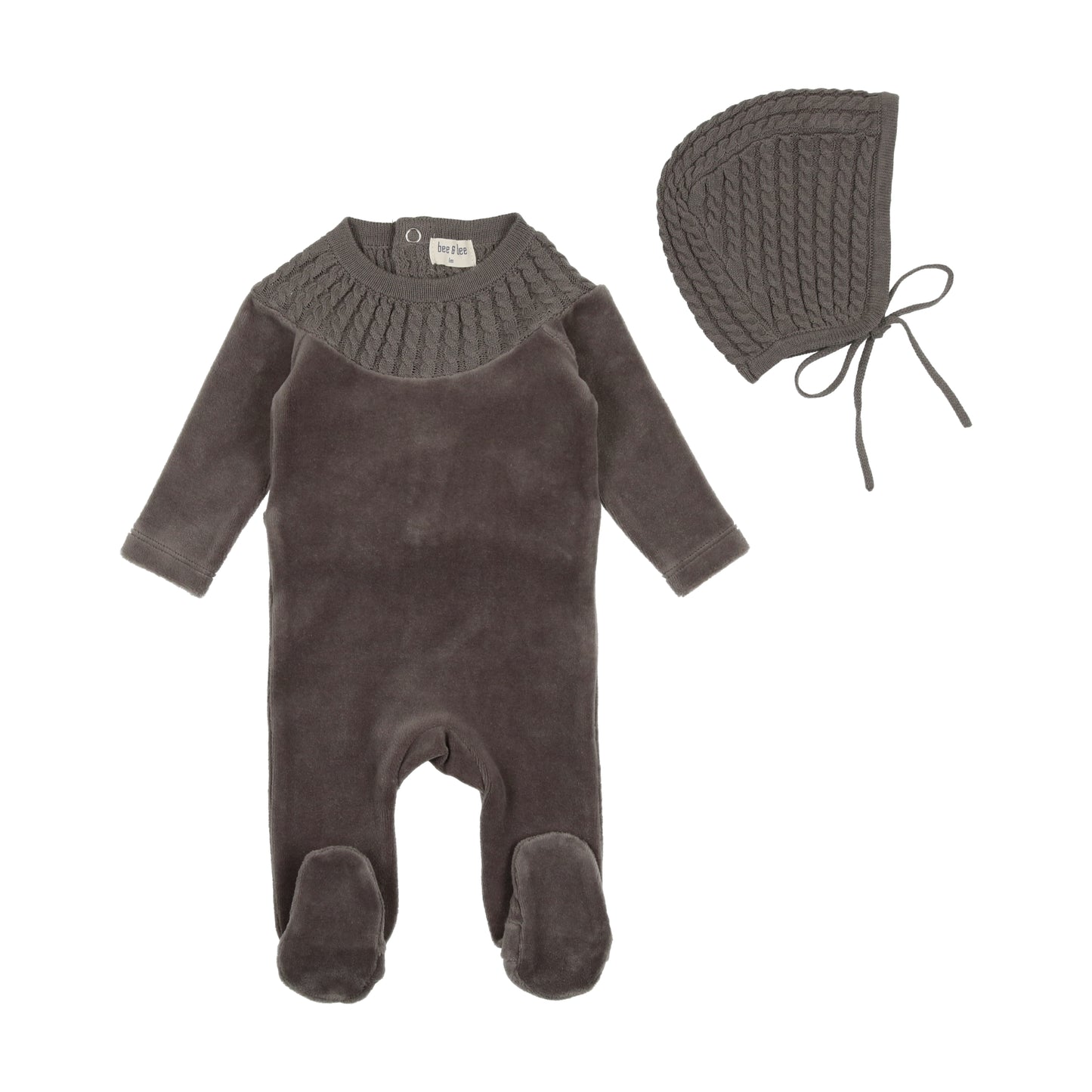 BEE & DEE SMOKE GREY KNIT COLLAR VELOUR FOOTIE WITH BONNET