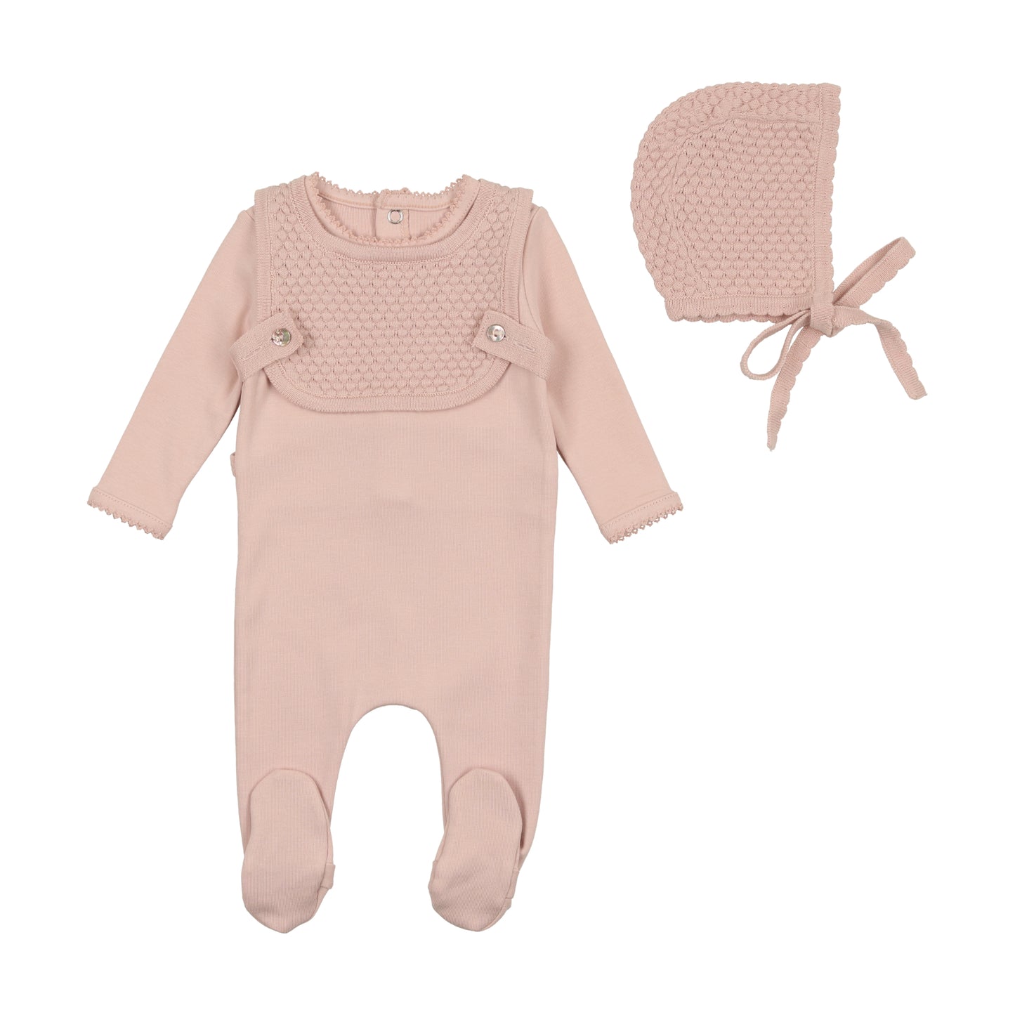 BEE & DEE NUDE PINK KNIT OVERLAY COTTON FOOTIE WITH BONNET