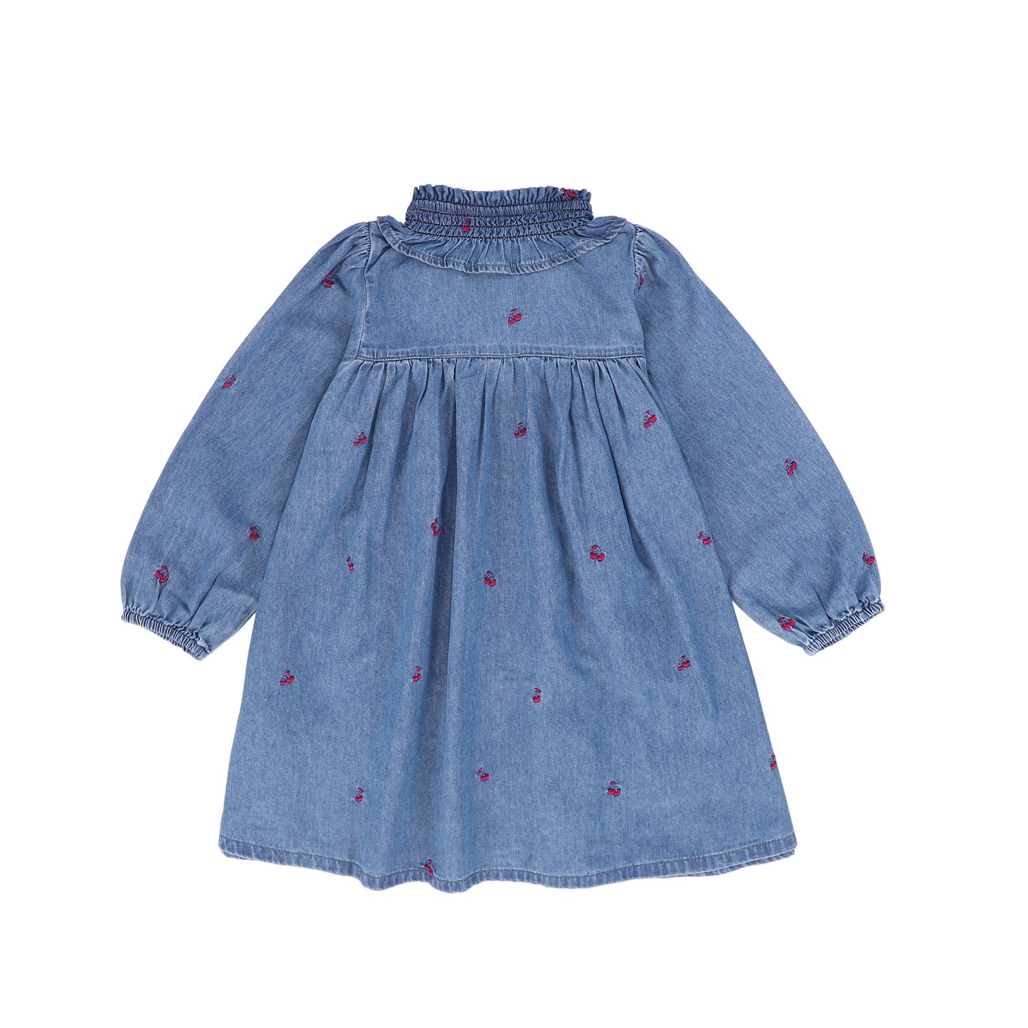 MINYMO BLUE DENIM FLORAL RUFFLE COLLAR DRESS