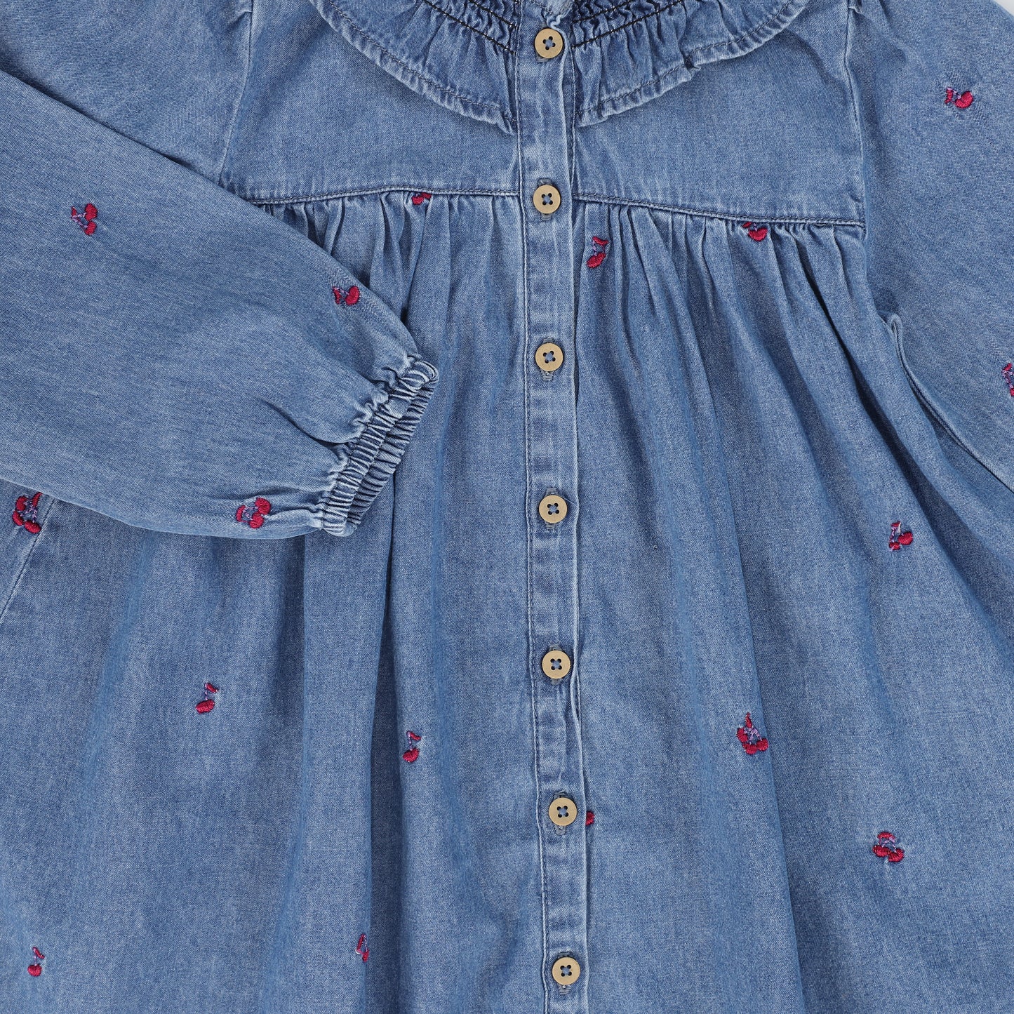 MINYMO BLUE DENIM FLORAL RUFFLE COLLAR DRESS