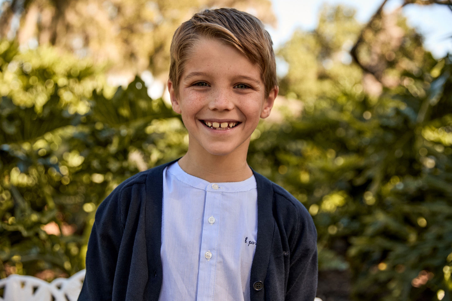 LITTLE PARNI NAVY STRIPED MANDERIN COLLAR SHIRT