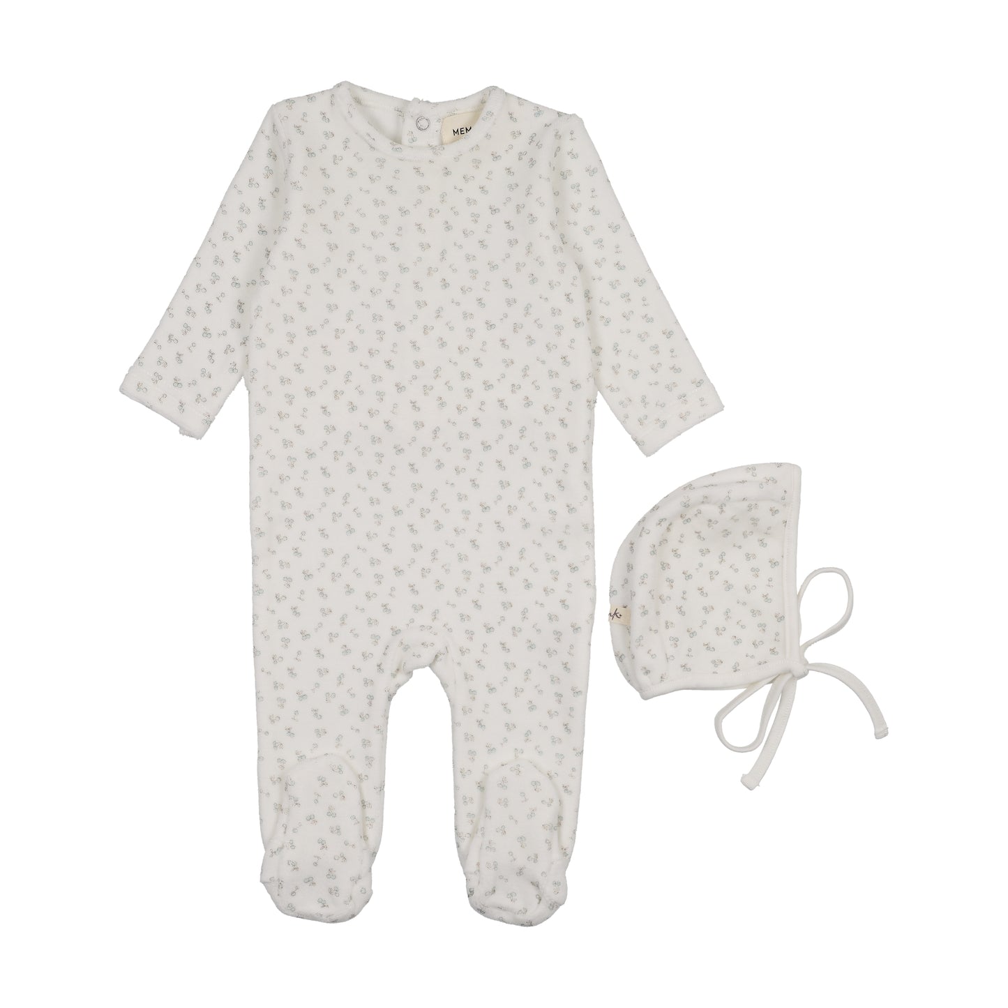 MEMA KNITS BLUE VELOUR CHERRY PRINT FOOTIE + BONNET