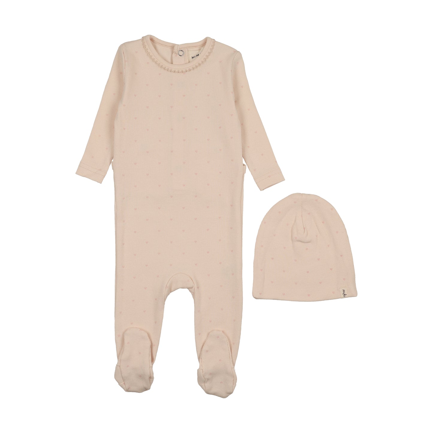 MEMA KNITS LIGHT PINK HEART PRINT FOOTIE + BEANIE