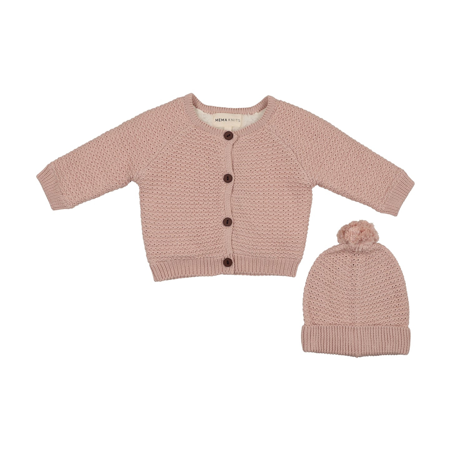 MEMA KNITS PALE PINK KNIT JACKET + POMPOM BEANIE