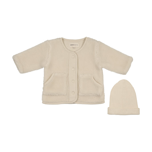 MEMA KNITS IVORY SHERPA JACKET + BEANIE