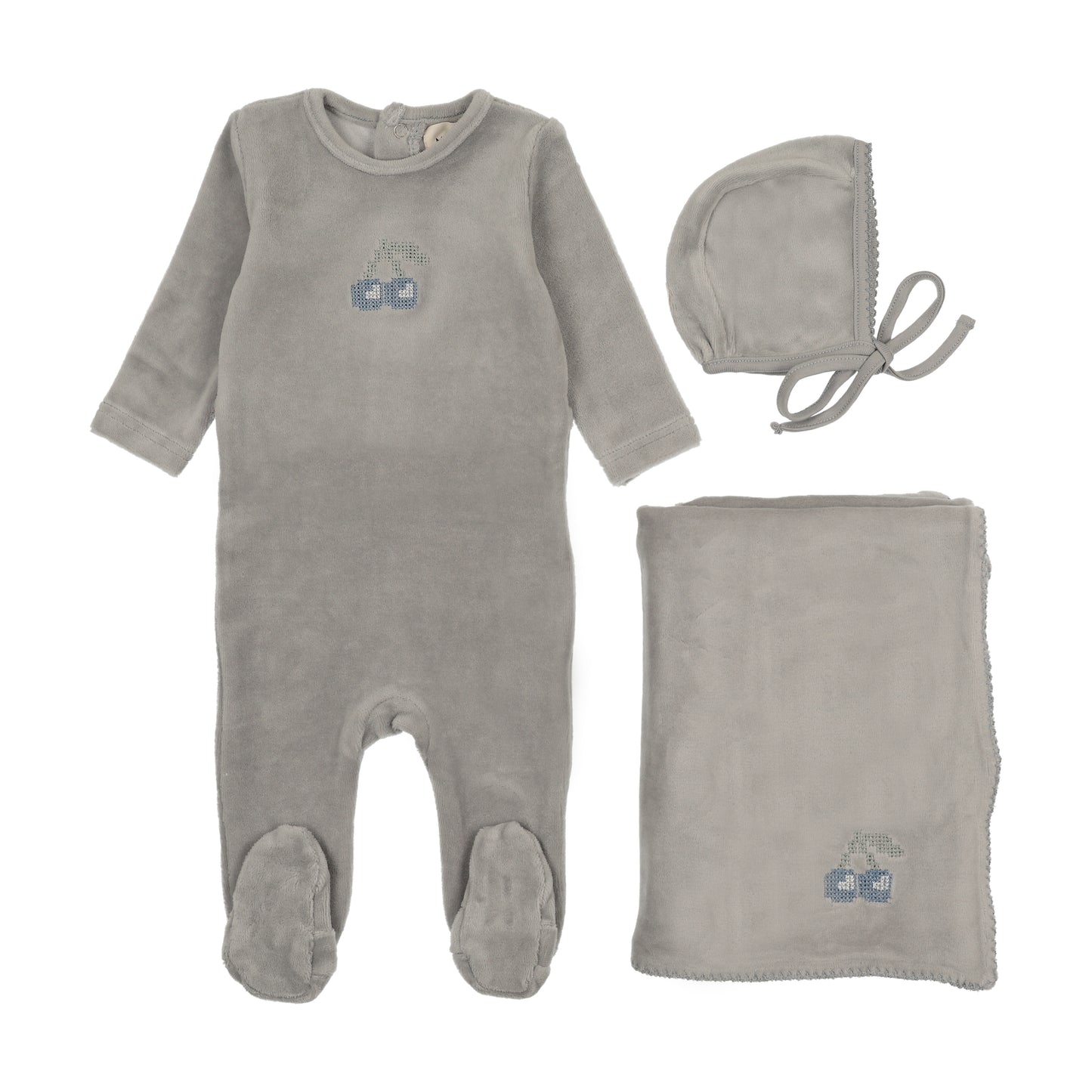 MEMA KNITS BLUE VELOUR CHERRY EMBROIDERED SET