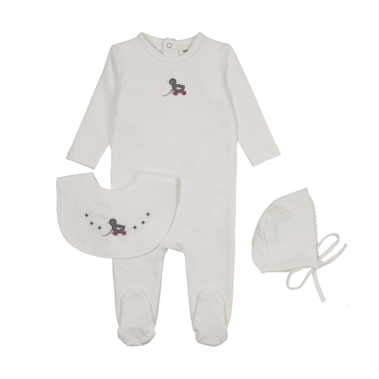 MEMA KNITS IVORY/SLATE DUCK EMBROIDERED FOOTIE + BONNET