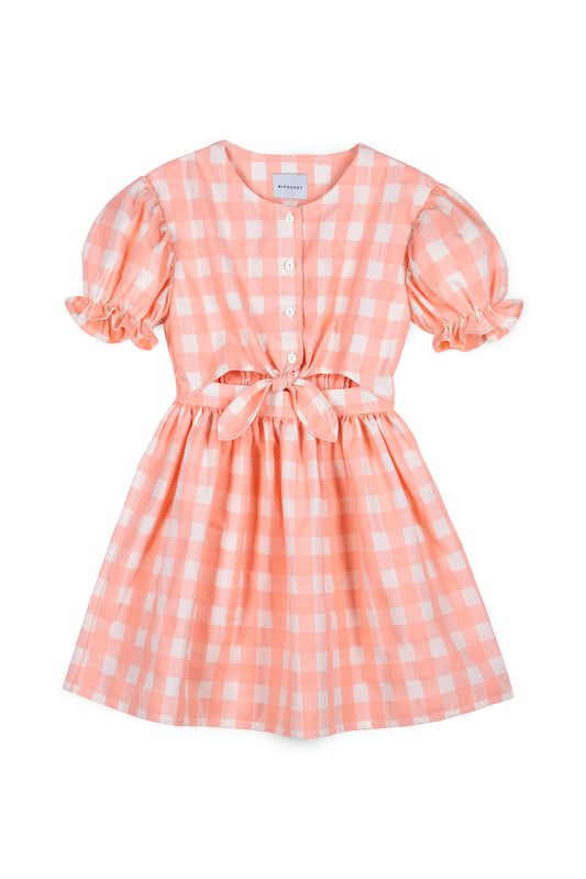 MIPOUNET PEACH CHECKED PUFF SLEEVE BOW DRESS
